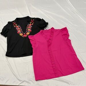 SHEIN Black Floral Embroidered Top and Pink Ruffle Sleeve Blouse